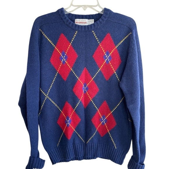 Vintage 80s McGregor Sweater Blue Red Argyle Crewneck Wool Mens Large USA Made - Picture 1 of 12